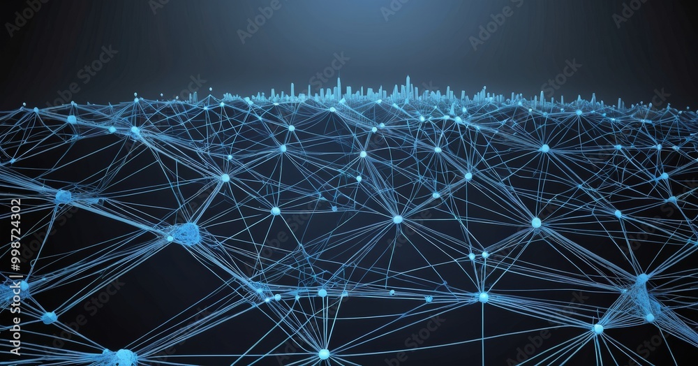 Poster a digital illustration of a city skyline, with a network of interconnected lines and dots representi