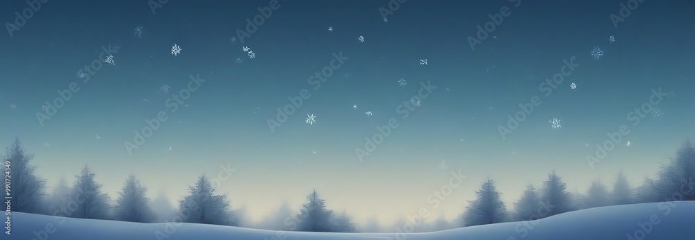 Poster a serene winter landscape features a snowy hill with a line of trees in the distance, under a starry