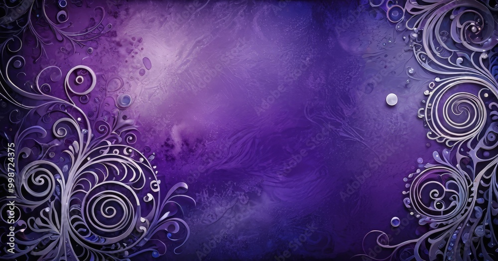 Poster a purple background with intricate white swirls and dots, creating a visually striking and abstract design.