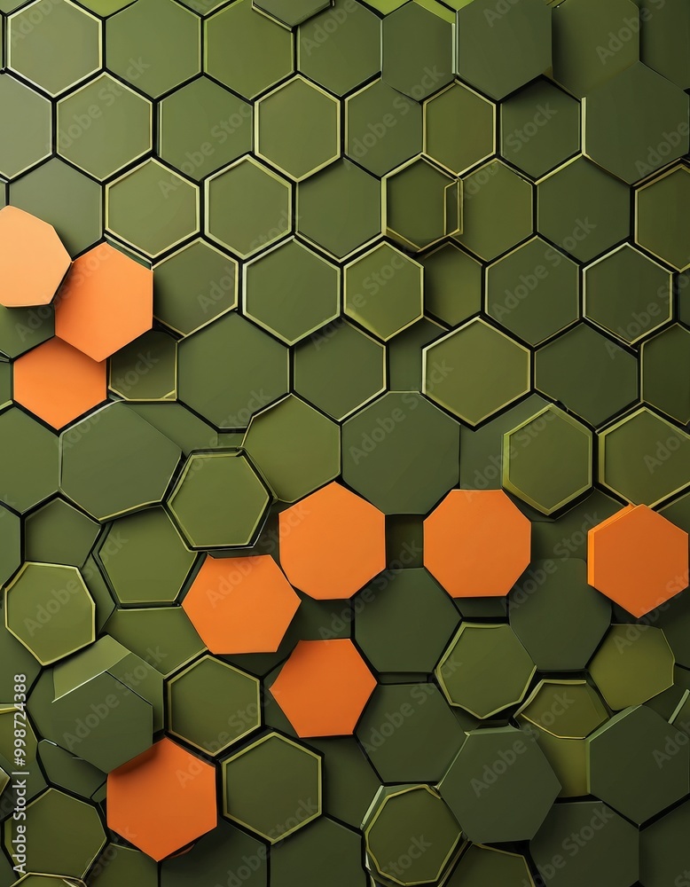 Poster a repeating pattern of hexagonal shapes in shades of green and orange, creating a visually striking and geometric composition