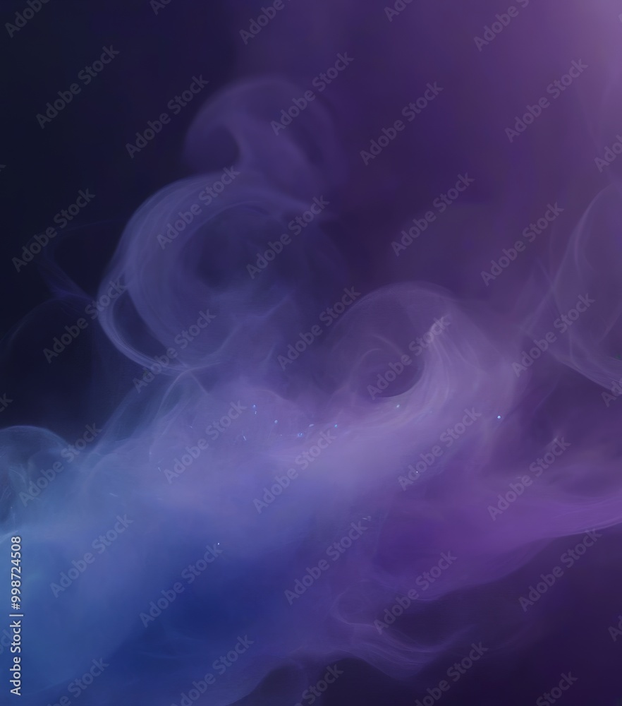 Poster a swirling, ethereal smoke pattern in shades of purple and blue, with small white specks scattered throughout, creating a sense of movement and depth