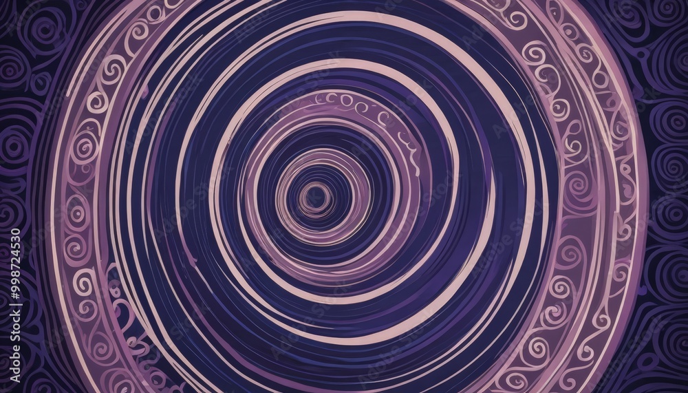 Poster a spiral pattern in shades of purple and pink, with a central circular design and a repeating pattern of swirls and curves around it