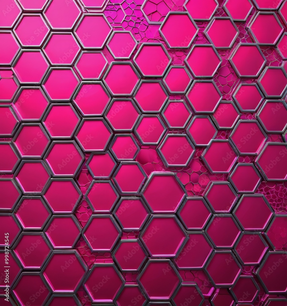 Poster a repeating pattern of hexagonal shapes in shades of pink and black, creating a visually striking and geometric design.