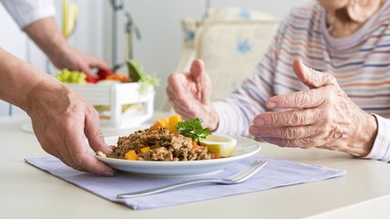 Closeup of elderly hands holding a plate with a nutritious, balanced meal consisting of a fresh green salad with carrot shreds and a slice of savory vegetable quiche.
