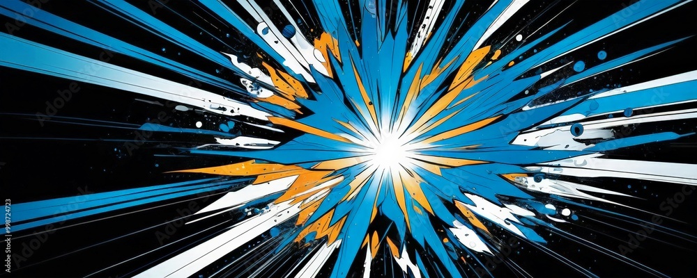 Poster a vibrant explosion of blue, orange, and white lines radiating outwards from a central point, creati