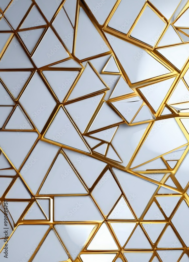 Poster a geometric pattern composed of numerous white triangles arranged in a complex, overlapping manner, with gold lines crisscrossing the triangles, creating