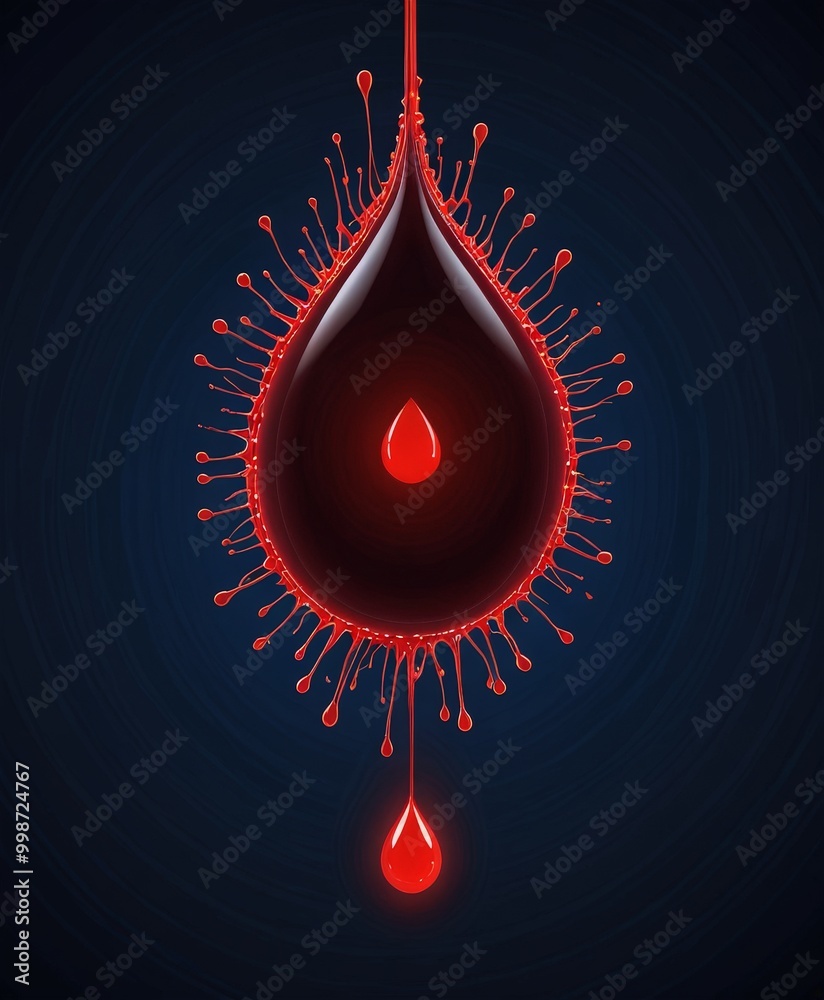 Aufkleber A red drop of liquid is suspended in mid-air, surrounded by a network of red lines radiating outwards, creating a striking visual effect against a dark blue background