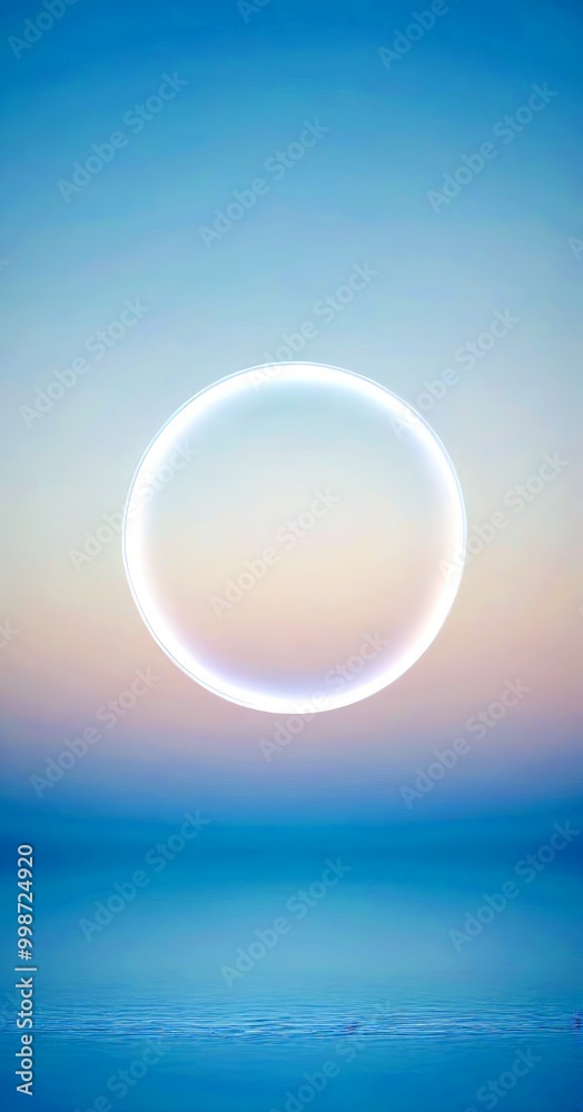 Poster a large, glowing white circle floats above a calm body of water, with a gradient sky transitioning f