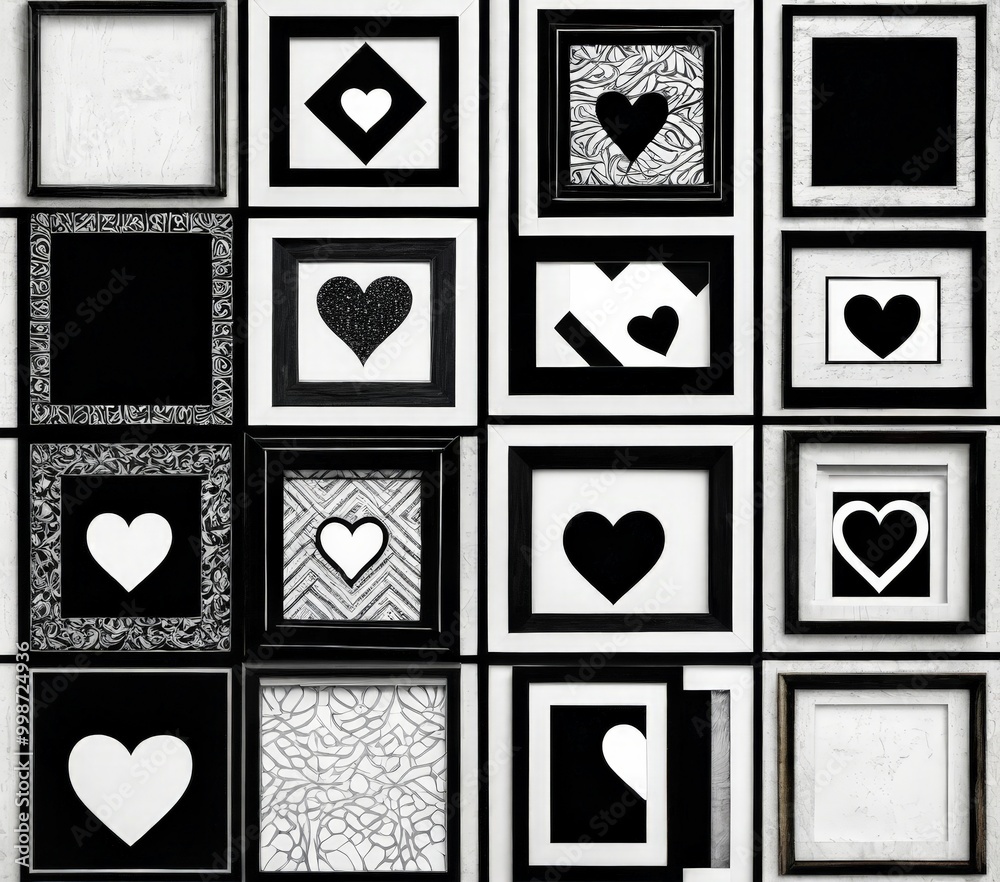 Poster a grid of 16 black and white framed artworks, each containing a heart symbol, arranged in a 4x4 patt