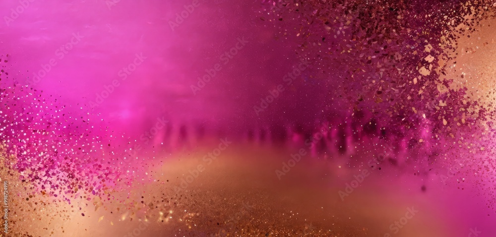 Poster a vibrant abstract background with a gradient of pink and gold hues, speckled with small glitter particles slightly blurred, creating a sense of depth and movement