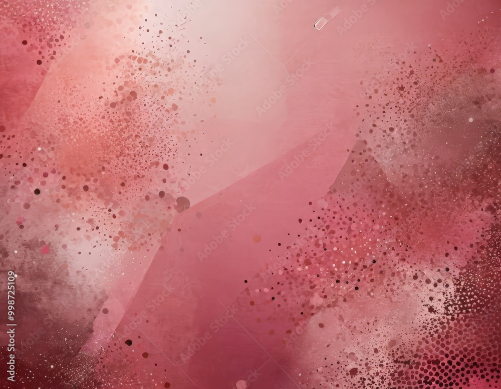 Poster a pinkish-red abstract background with scattered dots and splatters, creating a dynamic and textured composition