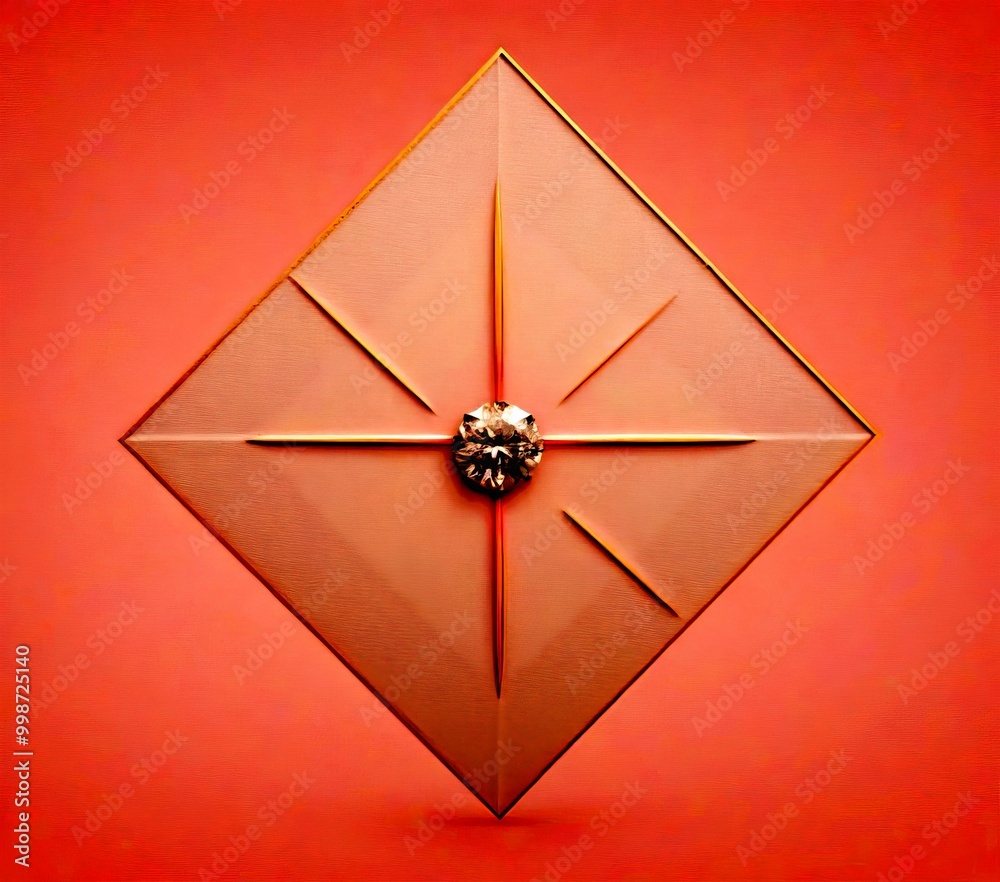 Poster a diamond-shaped piece of paper with a gold border and a central diamond-shaped object is displayed 