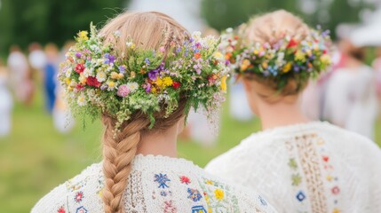 Traditional swedish midsummer celebration with vibrant flower crowns for summer festivities