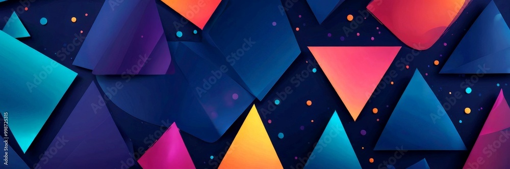 Poster a vibrant abstract composition of overlapping triangles in various shades of blue, pink, and orange,