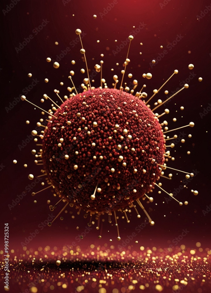 Poster a spherical object composed of numerous small spheres, with numerous thin, pointed spikes protruding