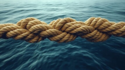Fototapeta premium A close-up view of a sturdy rope intertwined above calm water, showcasing texture and strength in a serene environment.