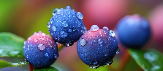 Close-up of four blueberries covered in dew drops on a branch with green leaves and a blurred background.