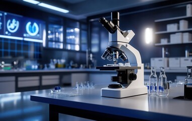 Fototapeta premium A modern laboratory with an advanced microscope, set against the backdrop of medical research