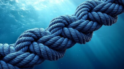 Fototapeta premium A close-up view of a thick blue rope underwater, showcasing its texture and intricacy in a serene aquatic environment.