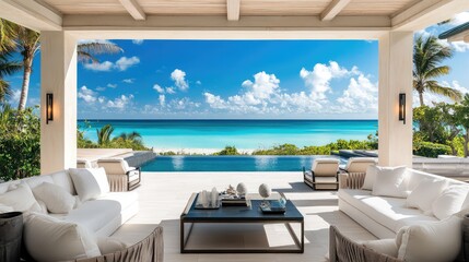 Fototapeta premium A beachfront villa patio lounge, designed with sleek, modern furnishings, opens up to breathtaking ocean views, offering an escape into coastal luxury