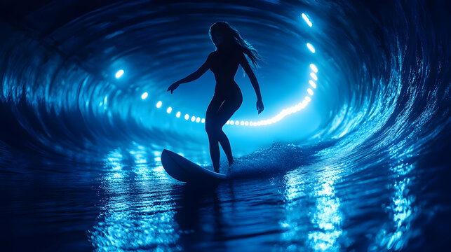 Silhouette of Female Surfer Rides a Wave in a Blue Tunnel