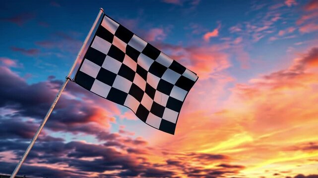 Triumphant checkered flag flutters against a stunning sunset sky, symbolizing victory in racing. The dramatic scene captures the thrill of competition and success at dusk
