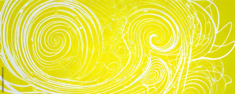 Poster a vibrant abstract pattern with swirling lines and shapes in shades of yellow and white, creating a dynamic and visually striking composition