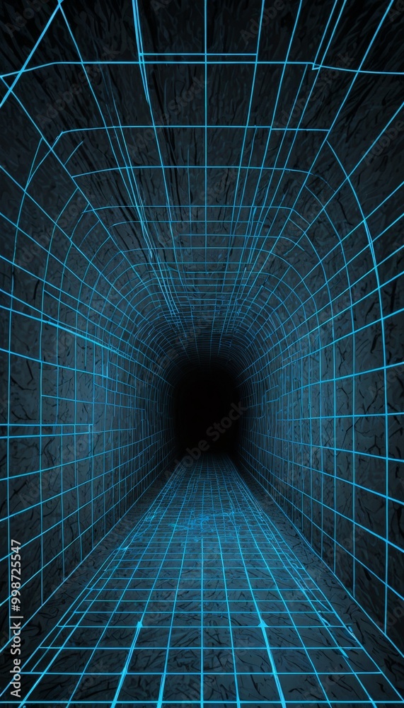 Poster A long, dark tunnel with a grid-like pattern of blue lines on the walls and floor, creating a sense of depth and perspective
