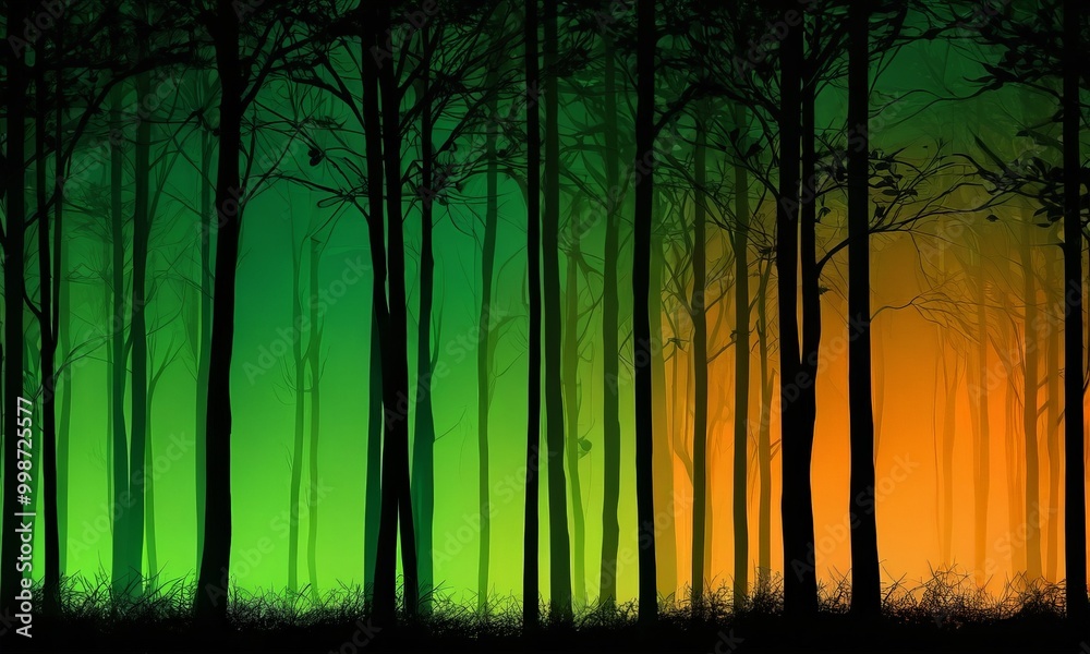 Poster a dense forest with tall trees and a glowing green and orange sky in the background