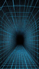 A long, dark tunnel with a grid-like pattern of blue lines on the walls and floor, creating a sense of depth and perspective