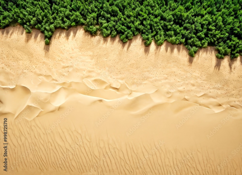 Poster aerial view of a sandy beach with a dense green forest in the background.