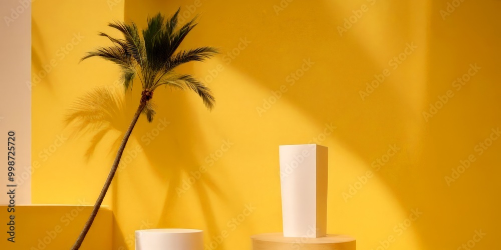 Poster a palm tree with green fronds stands against a yellow wall, casting a shadow on the wall in the fore