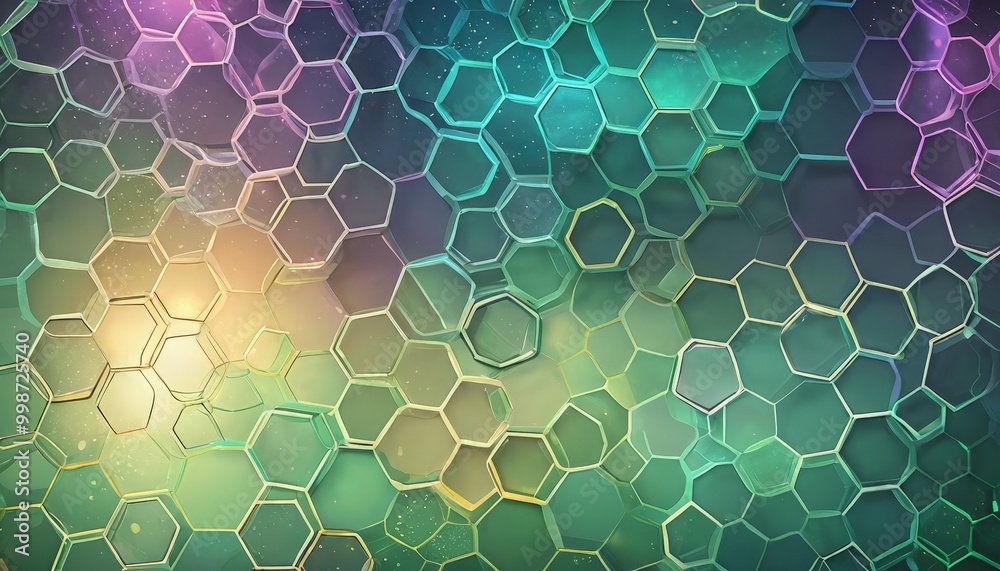 Poster a vibrant, abstract pattern composed of numerous hexagonal shapes in various shades of green, purple, and yellow, creating a visually striking and dynamic composition.