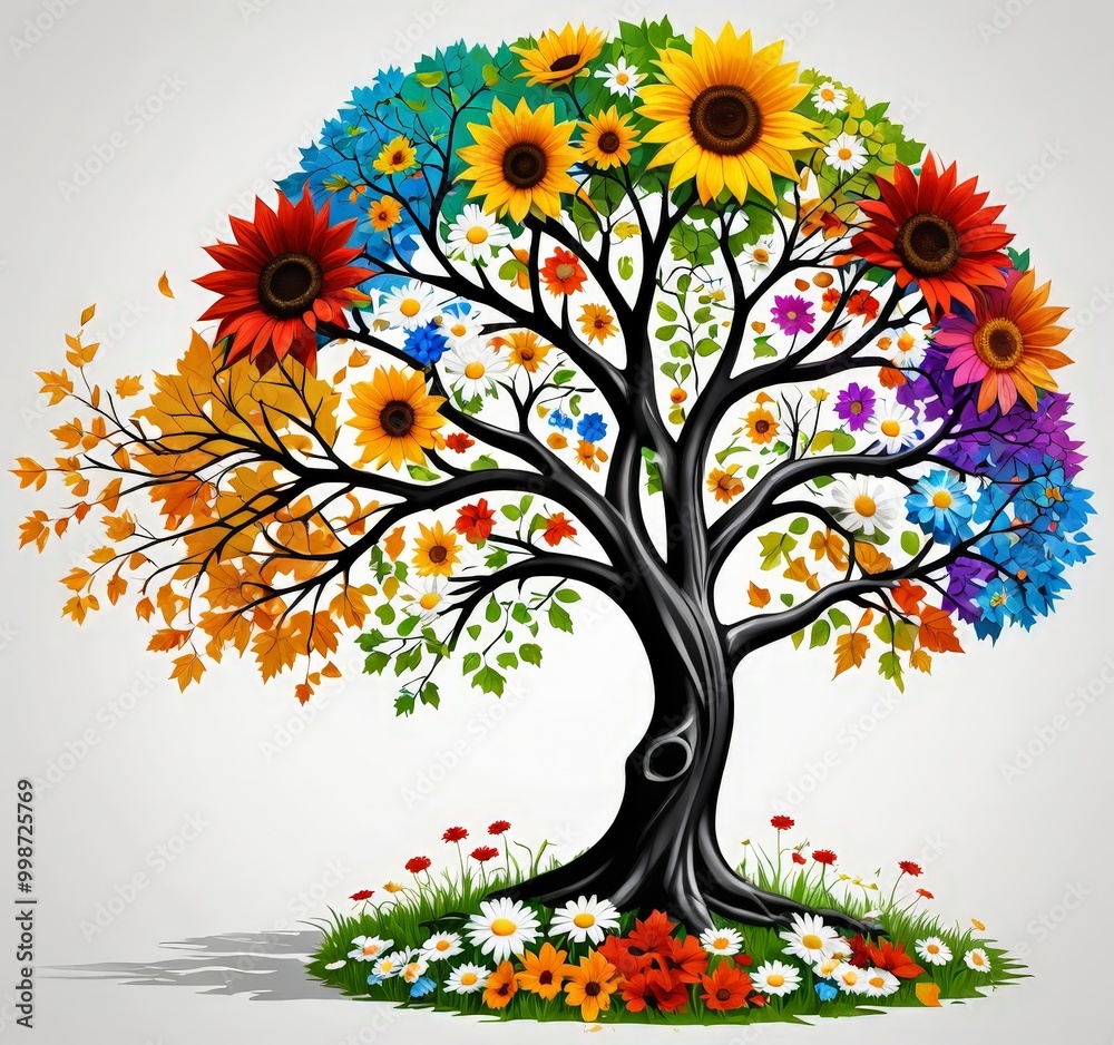 Aufkleber a vibrant tree with a trunk and branches, adorned with a variety of flowers in different colors, set
