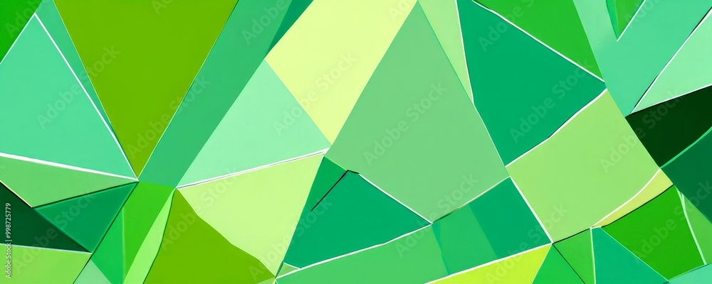 Poster a vibrant abstract composition of overlapping triangular shapes in various shades of green, ranging from light to dark, creating a dynamic and visually