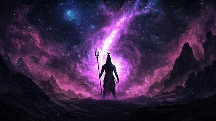 Fototapeta premium Shiva as a celestial guardian with a glowing trident, standing before a cosmic gateway, Shiva guardian, trident, cosmic gate