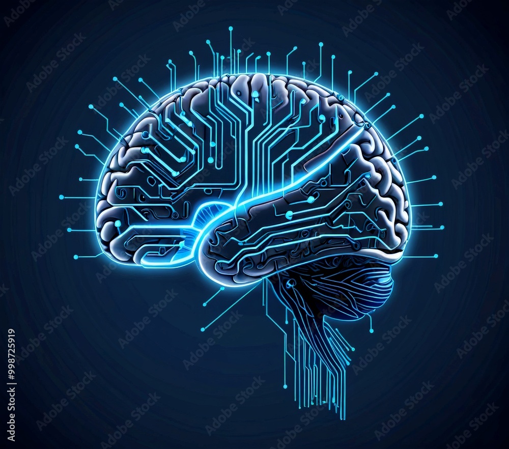 Fototapete a detailed illustration brain, with its intricate network of blue lines and dots representing the br