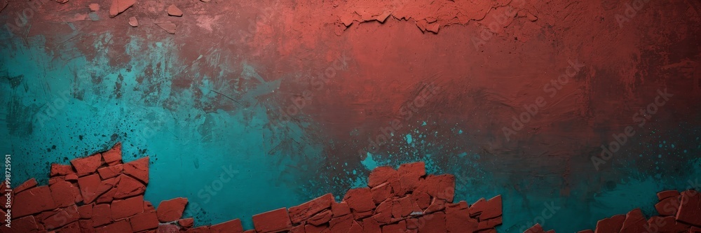 Poster a textured wall with a gradient of red and blue colors, featuring a cracked and chipped surface