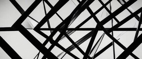 Fototapeta premium A black and white complex geometric pattern composed of intersecting lines and angles, creating a visually striking and abstract composition