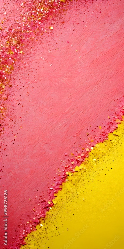 Poster a pink and yellow abstract background with scattered gold glitter and confetti, creating a vibrant and dynamic visual effect