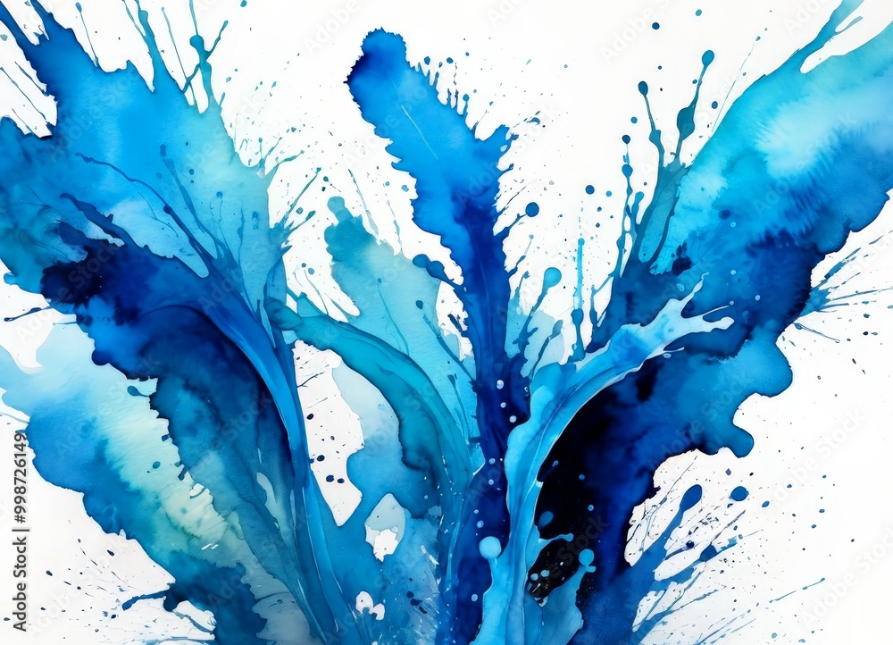 Aufkleber an abstract painting featuring a dynamic composition of blue and white watercolor splashes and splot