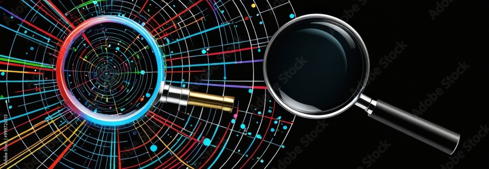 Poster a pair of magnifying glasses against a background of colorful, abstract lines and dots, creating a visually striking and dynamic composition