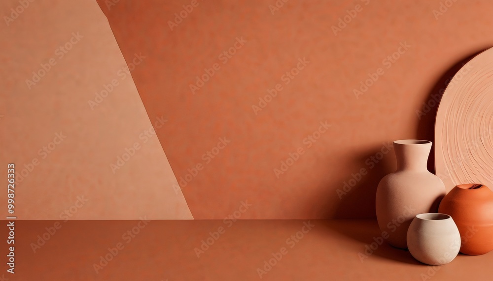 Poster Three vases of different shapes and sizes are arranged on a brown background, with a large orange circle on the right side