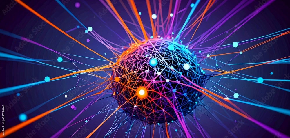 Fototapete a spherical object, possibly a planet or a sphere, with a network of interconnected lines radiating outwards from it The lines are colored in