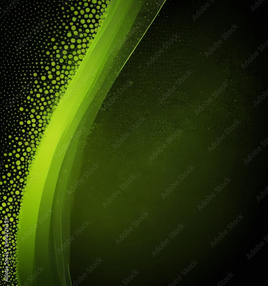 Poster a striking contrast of green and black, with a diagonal line of green dots on the left side and a da