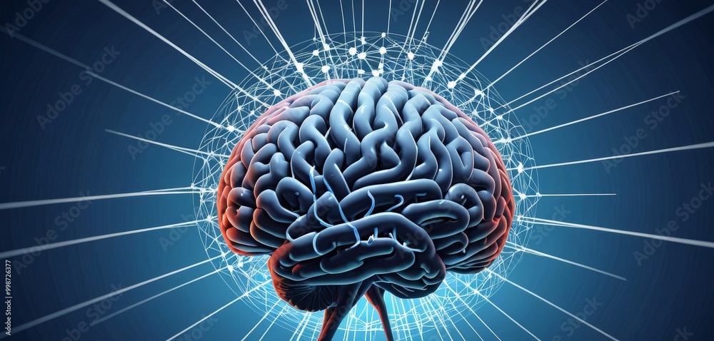 Aufkleber a brain, with intricate network of nerves and a radiant burst of light emanating from the center, se