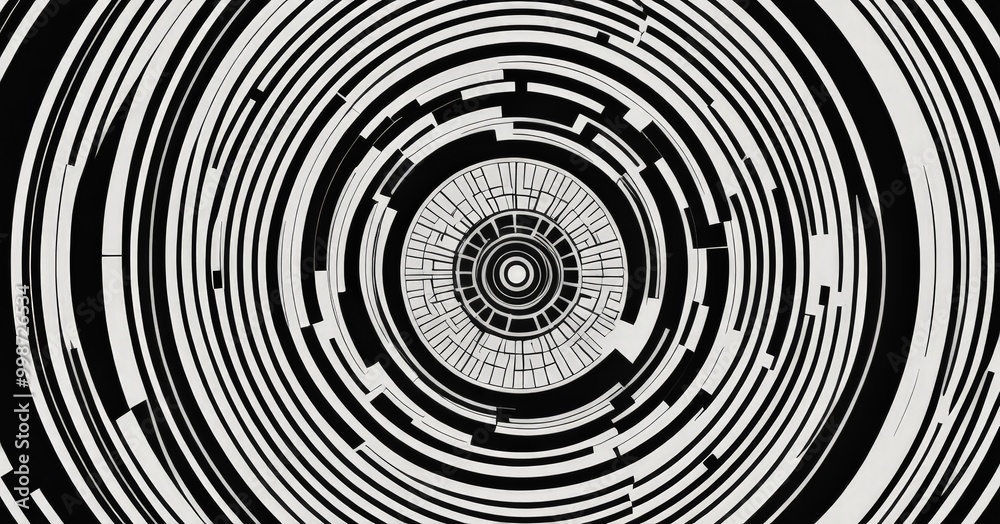 Leinwandbilder a black and white abstract pattern with concentric circles and lines, creating a sense of depth and movement
