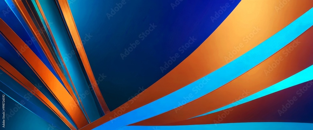Poster a vibrant abstract composition of overlapping lines in various shades of blue, orange, and brown, creating a dynamic and visually striking pattern
