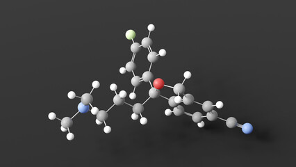escitalopram molecule 3d, molecular structure, ball and stick model, structural chemical formula antidepressant