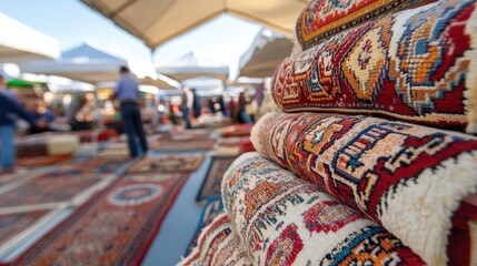 Vibrant turkmen carpets display at local bazaar for cultural decor and inspiration